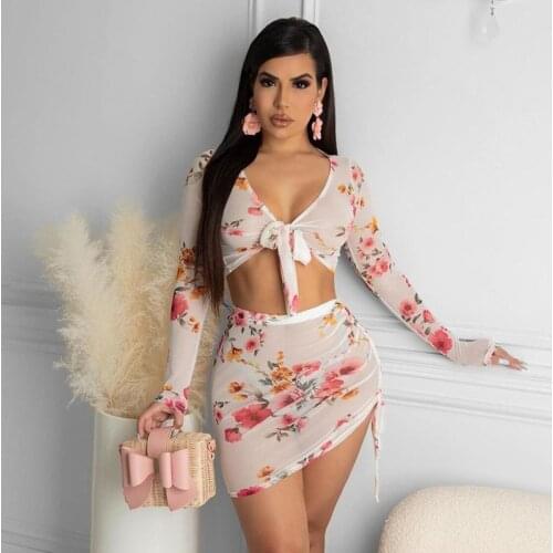 Adogirl Sheer Mesh Floral Print Two Piece Set Women 2021 Summer Cropped Top And Drawstring Asymmetrical Skirts Active Outfits