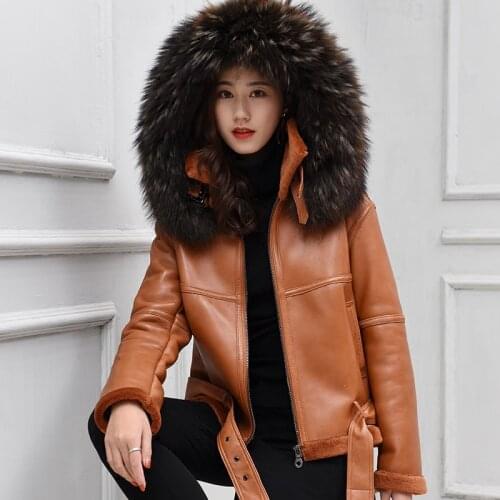 Natural Genuine Leather Jacket Fox Fur Hood Sheep Shearling Fur Coat Winter Jacket Women 100% Sheepskin Coat Female Jackets 118