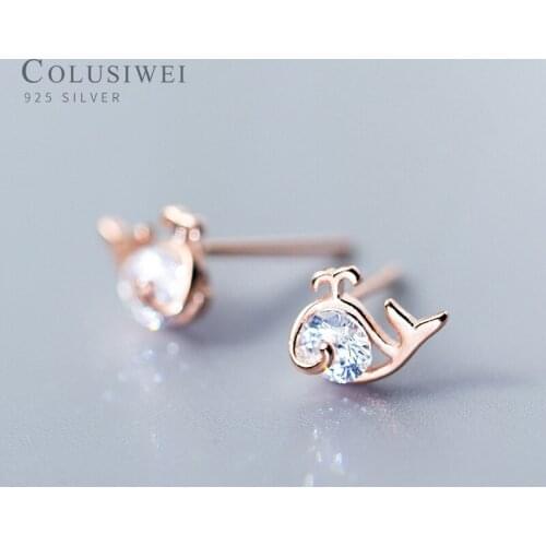 Colusiwei Cute Tiny Small Spouting Whale Stud Earrings for Women 925 Sterling Silver Animal Earring Korean Style Jewelry