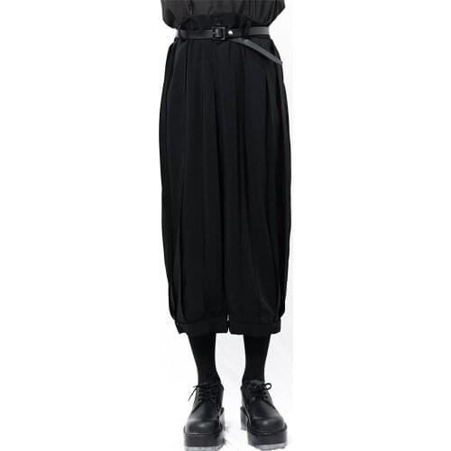 Mens new casual belt loose large size pants Yamamoto style simple pleated skirt pants dark pants