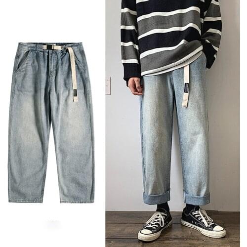Mens Korean Fashion Straight Blue Jeans Pants Men Vintage Pants Men Harajuku Jeans Belt Denim Streetwear