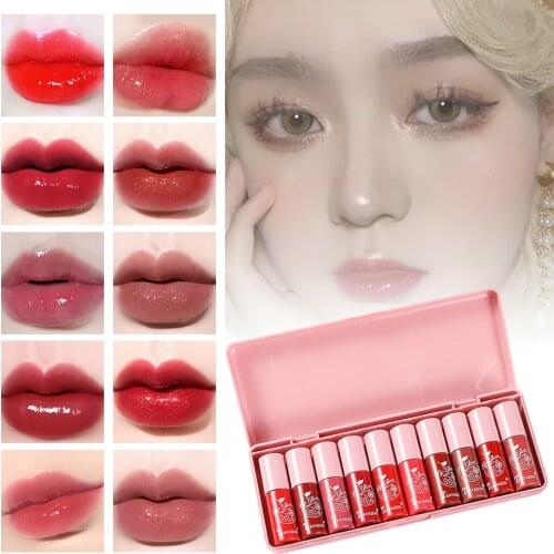 10pcs Lip Gloss Set Moisturizing Shiny Non-Sticky Lipsticks Set Long Wearing Shimmer Lip Gloss with Storage Box