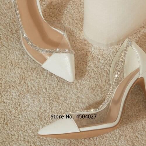 Newest Patchwork PVC High Heels Transparent Stiletto Heel Dress Pumps Pointed Toe Rhinestone Wedding Shoes