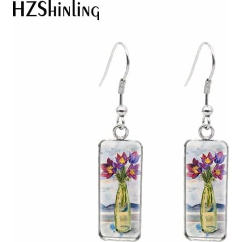 2021 New Bottle Flowers Rectangular Earring Flower Painting Fish Hook Earring Glass Dome Handmade Jewelry