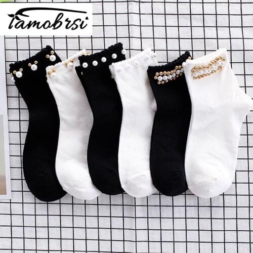 New Cotton Cute Socks Inlaid Pearl ladies Black White Wedding Socks Female Japanese Korean Fashion Wild Short Women Sexy Socks