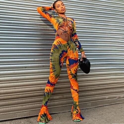 Autumn Long Sleeve Bodycon Jumpsuits For Women 2021 Casual Paisley Print Hollow Out Lace Up Sexy Flare One Piece Rompers