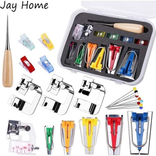5 Sizes Bias Tape Maker with 4 Sewing Machine Presser Foot Sewing Clips Ball Point Pins Wooden Awl for Fabric Sewing Quilting