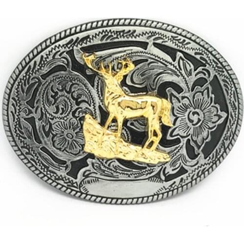 Western cowboy belt buckle retro pattern deer unisex smooth buckle ancient blue tube plating crafts