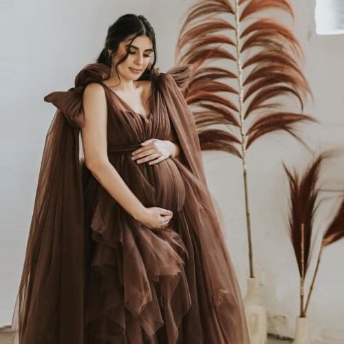 Chocolate Brown Maternity Evening Dresses Tiered Prom Dress Ruffled Robe Tulle Maternity Gown For Photography vestido de festa