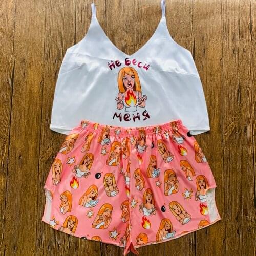 Womens Sleepwear Cute Angry Girls Print Short Set Pajamas for Women Pajama Set 2021 Sweet Short Sleeve Pyjamas Summer Pijama