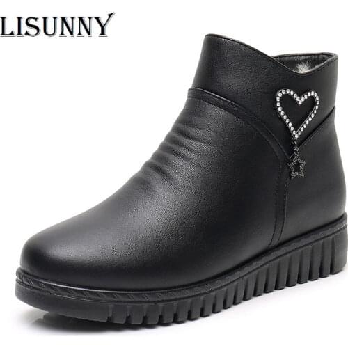LISUNNY 2021 Women Snow Boots Winter Flat Heels Ankle Boots Women Warm Platform Shoes Leather Thick Fur Booties