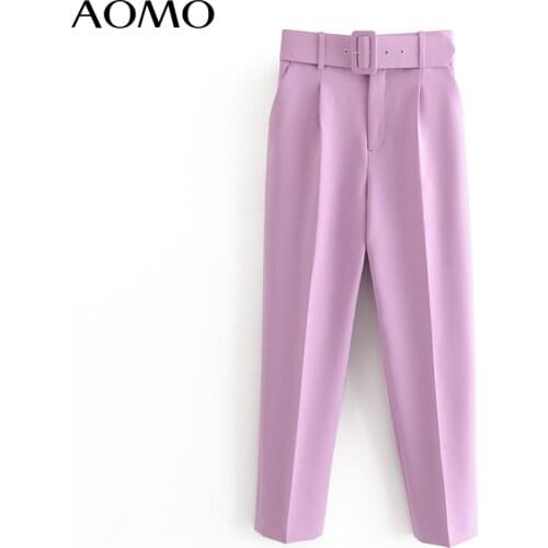 AOMO 2020 female work purple suit pants high waist pants sashes pockets office ladies pants fashion pants 6A22A