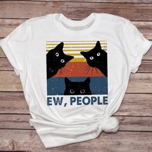 Women T-shirts Funny Face Cartoon Cat Cute Short Sleeve 90s Animal Top Lady Tshirt Ladies Print Stylish Tee T-Shirt