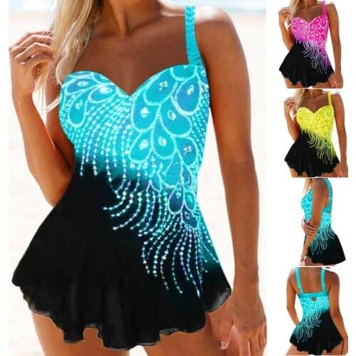 Womens Feather Print Tankini Swimwear With Brief Swim Costume Two Piece Tummy Control Swimsuit High Waist Bathing Suit