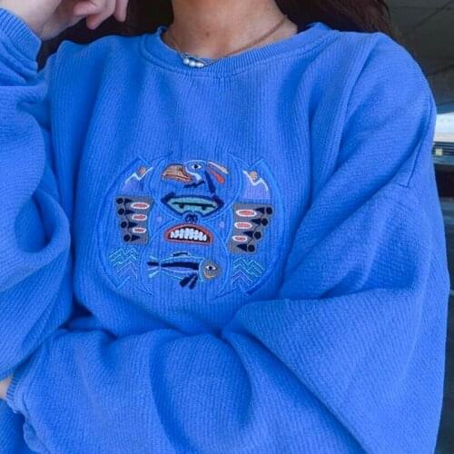 B-TOTO American Retro Blue Embroidery Hoodless Sweater Women Loose Ins Tide Round Neck Top 2021 Fashion New