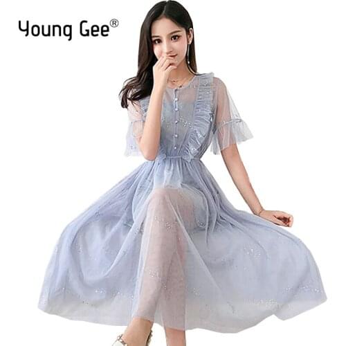 YoungGee Women Summer O-neck Bling Sequined Dots Ball Gown Dress New Casual Elastic Slim Mesh Gauze Mesh Single Breasted Dresses