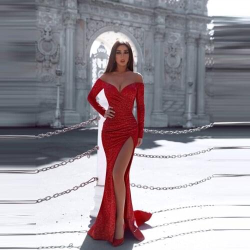 Winter Prom Dresses Appliques Red High Split Off The Shoulder Long Sleeves V-neck Blush Sheath Formal Special Event Double 11