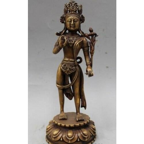 10"China Pure Bronze Buddhism Religion Stand Guanyin Kwan-Yin Goddess Statue