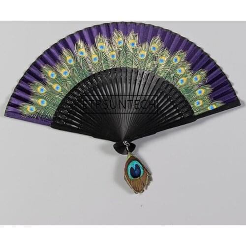 100pcs Peacock Folding Hand Fan Bamboo Silk Dance Performance Women Lady Fans Wedding Party Decoration Favor and Gift