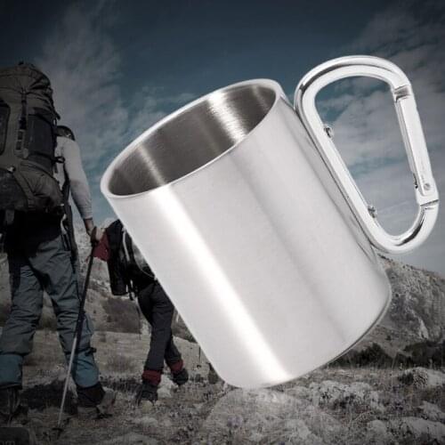 220ml Camping Travel Stainless Steel Cup Carabiner Hook Handle Picnic Water Mug X7JD