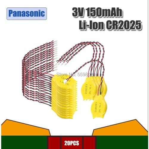 20pcs CR2025 150mah Panasonic Button Battery with Wire and Plug CMOS 3V BIOS Battery for Notebook motherboard