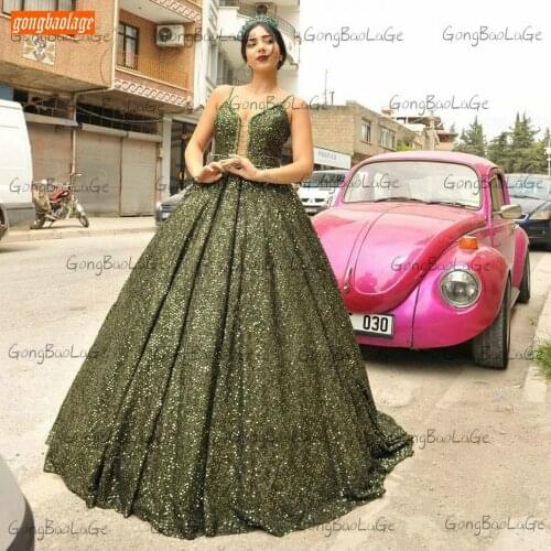 Glitter Army Green Prom Gowns Long 2020 Robes De Bal Spaghetti Strap Ball Gown Women Dresses Party Custom Made Vestidos Formales