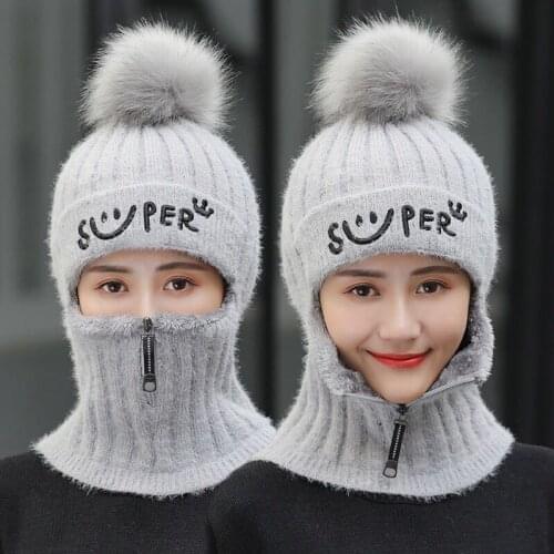 Brand Winter Hats Set Women Knitted Wool Hat Mask Lady Warm Velvet Thick Cycling Beanies Skullies Hat Female Collar Jumper Cap