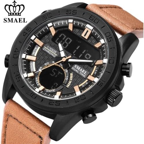 SMAEL New Mens Fashion Sport Watch Men Date LED Analog Quartz Watches Male Date Leather Waterproof Clock Relogio Masculino