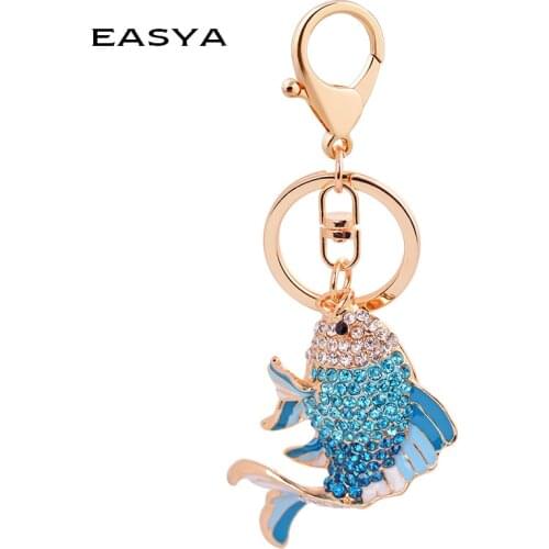 EASYA Fashion Rhinestone Cute Colorful Fish Key Ring Chain 2 Colors Pink Blue Car Keychain for Women Bags Charm CHY-2415