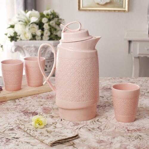 Elegant Bone China Water Kettle and Cup Set with Engraving Flower Pattern Pink Colour Modern Style