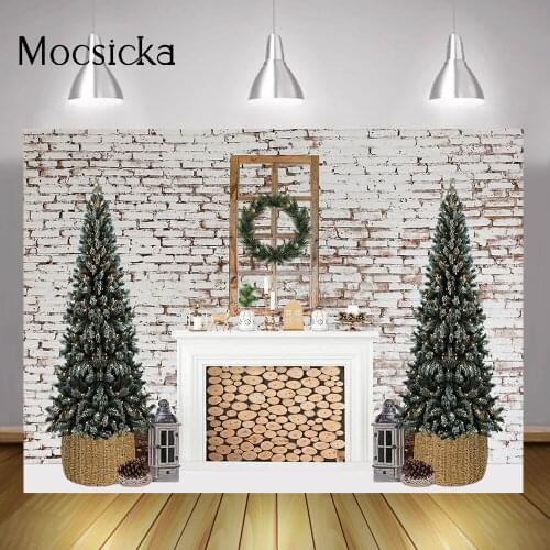 Merry Christmas Party Background Decorations Fireplace Brick Wall Winter Birthday Portrait Backdrop Christmas Trees Wreath Photo