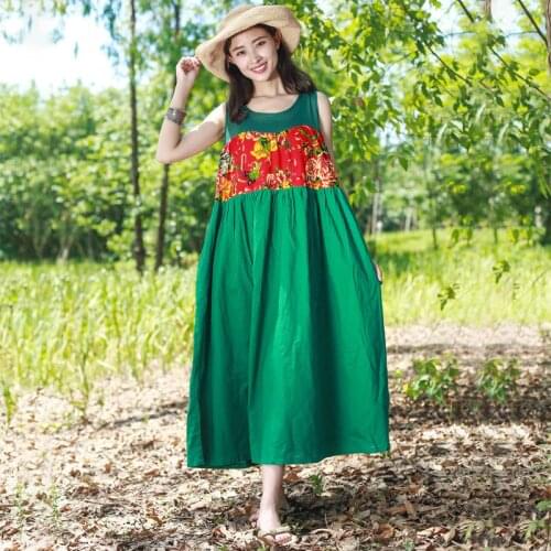 Summer Dress Ethnic Style Stitching High Waist Dresses Travel Beach Dress Cotton Linen One Piece Dress Sundress