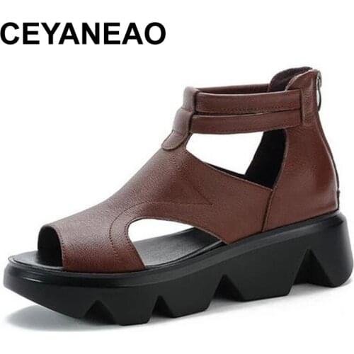CEYANEAOsummer Fashion sandals genuine leather soft outsole comfortable open toe wedges mother shoes flat sandals