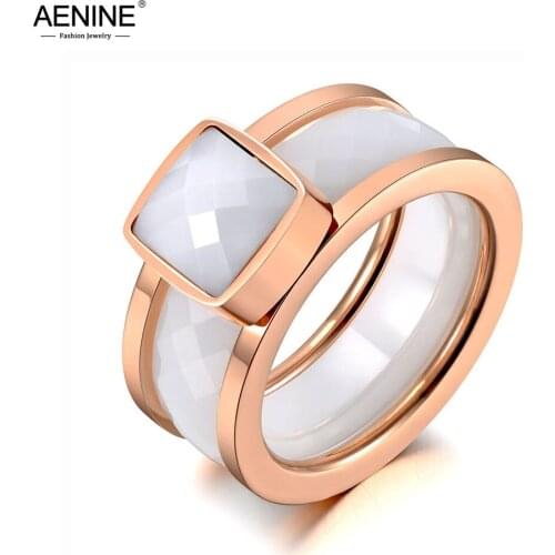 AENINE Trendy Titanium Stainless Steel White/Black Cut Ceramic Rings For Women Girls Elegant Charm Wedding Ring Jewelry AR19134
