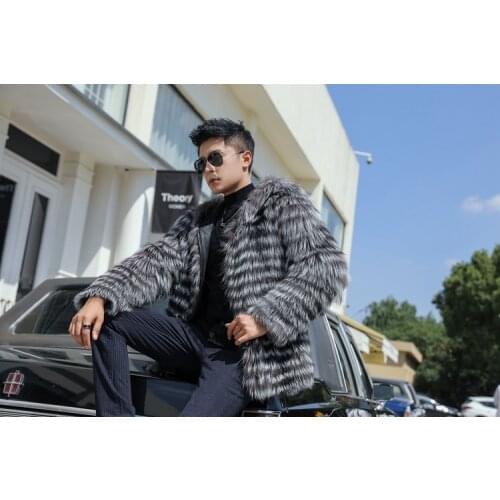 Men striped silver fox fur coat mens fashion jacket with hood spring autumn Free shipping