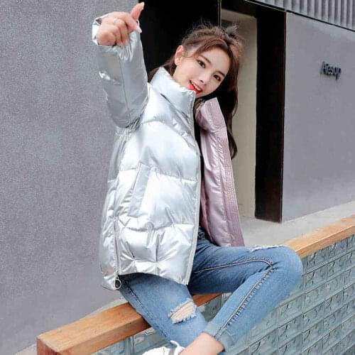 2020 New Fashion Glossy Down Cotton Short Women Jacket Winter coat Korean Loose Stand Collar Ladies Outerwear Parkas Casual Tops