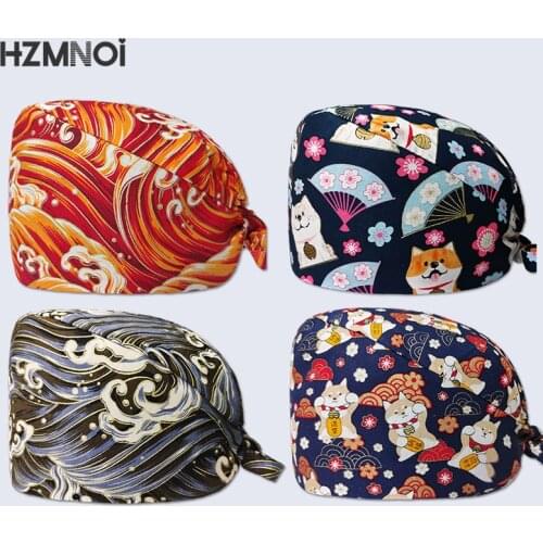 Cartoon Printing Cotton Adjustable Nurse Cap Surgical Cap Woman Veterinary Pet Shop Scrub Hat Dentist Working Cap Scrub Cap