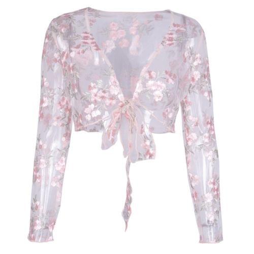 Sexy Women Deep-V Long Sleeve Blouse See-through Hollow Out Crop Tops Shirt