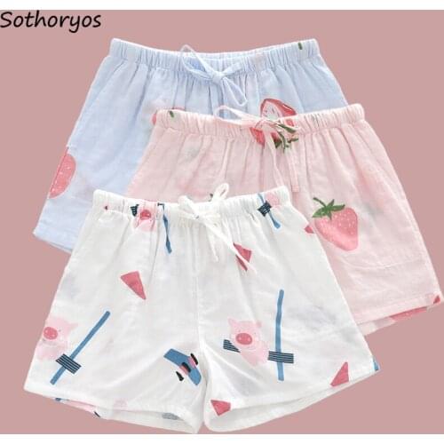 Sleep Bottoms Women Cozy Cotton Gauze Elastic Waist Cute Cartoon Printed Students Sleepwear Short Trousers Drawstring Casual