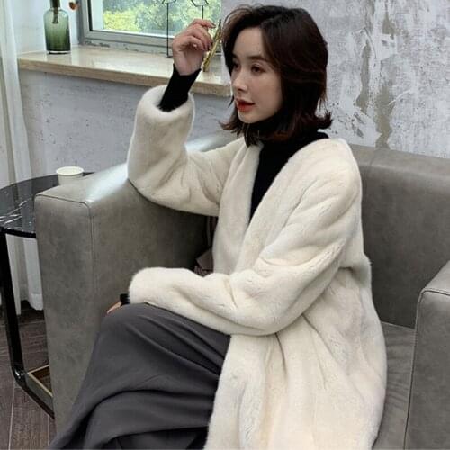 Spring NewFur Coat FemaleLong Section Imitation Mink Fur Female Short Paragraph Mink V collar coat