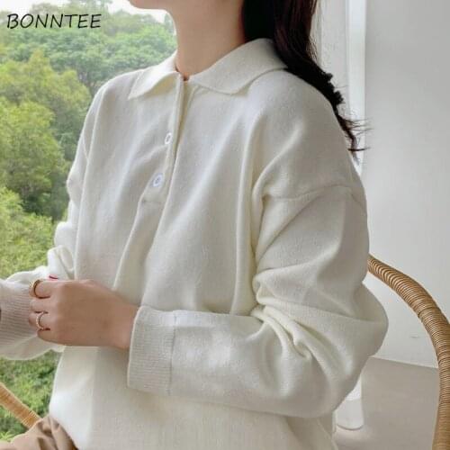 Sweaters Women Pure Lovely Simple Elegant Comfortable Female Ins Knitwear Loose Ladies Korean Turn-down Collar Casual Pullovers