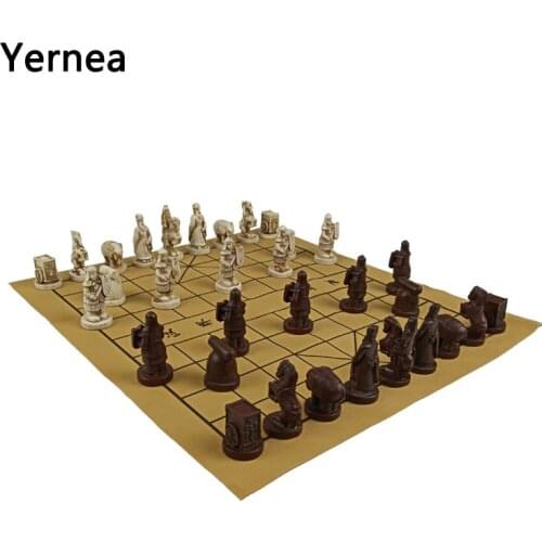 Yernea New Traditional Chinese Chess Game Set Resin Chess Pieces Suede Leather Chessboard High-quality Chess Board Game Retro