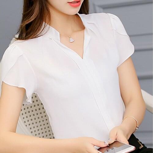 Womens T Shirt 2021 elegant Short Sleeve Women Shirt Korean style Puff Sleeve V Neck Whtie Casual Tops Plus Size Women Clothing