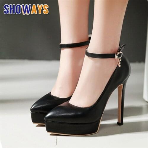 2020 Women Platform Pumps 13cm High Thin Heels Black Beige Pink PU Wedding Party Office Lady Pointed Toe Ankle Strap Dress Shoes