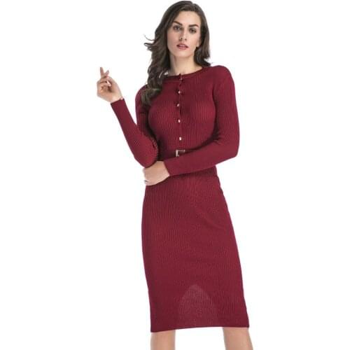 YYFS 2019 Autumn Winter Dress Women Elegant Long Sleeve Knee-length Women Solid Slim Office Work Dresses Women Clothes Have Belt