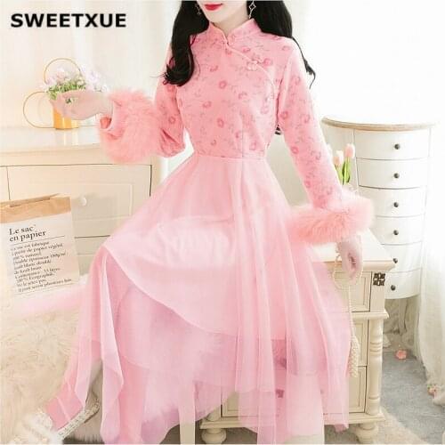 SWEETXUE Women Winter Retro Modified Cheongsam Dress Fur Sleeves Irregular Mesh Dresses Elegant Fashion Ladies