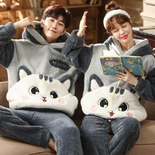 Winter Men Cute Pajamas Thick Couple Sleepwear 2021 New Plus Size Women Pajama Set Flannel Cartoon Velvet Sweatshirt Hooded