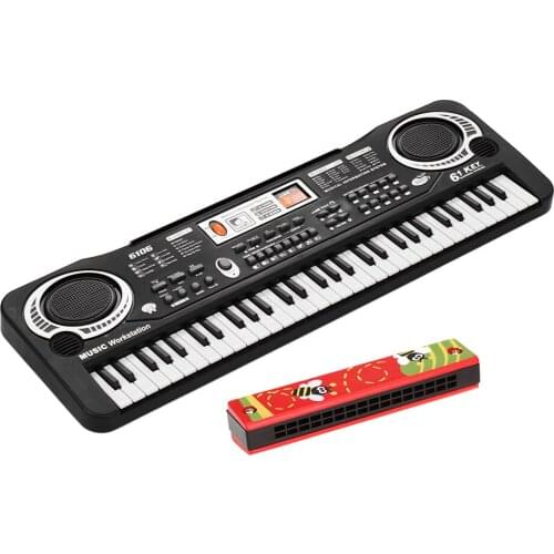 61 Keys Electronic Digital Piano Keyboard with Dual Speakers Microphone USB/Battery Powered + Tremolo Harmonica 16 Holes Kids