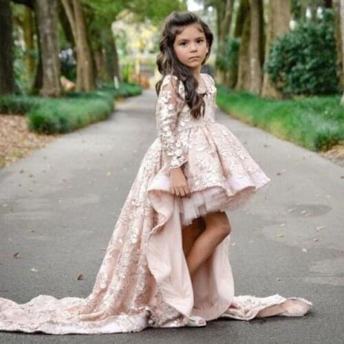 High Low Long Sleeve Flower Girl Dresses V Neck Lace Applique Ruffles Girls Pageant Gowns Children A Line Kids Prom Party Dress