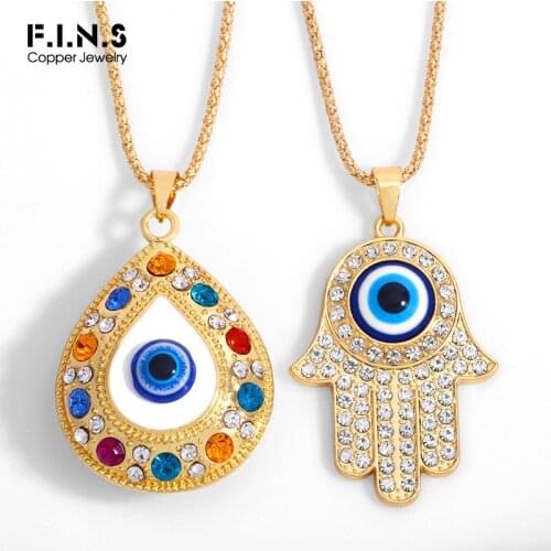 F.I.N.S Rhinestone Water Drop Evil Eye Necklace For Women Big Large Hamsa Hand Pendant Necklace Gold Color Metal Long Pendant